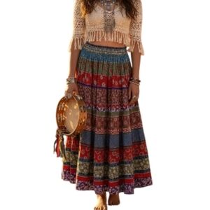 Vintage Colorful Bohemian Maxi Broom Skirt w/ Bells, Size L 100% Cotton